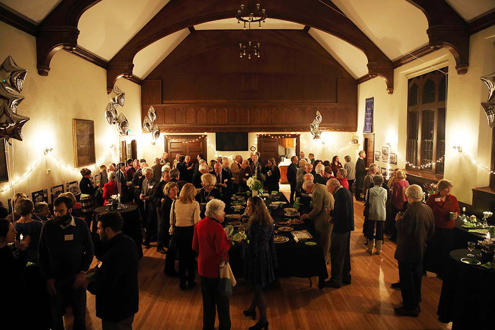 Overall view of party in First Parish Church banquet hall