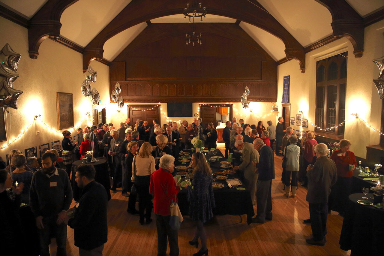 bird's-eye view of party in Parish Hall