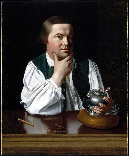 portrait of Paul Revere holding silver teapot