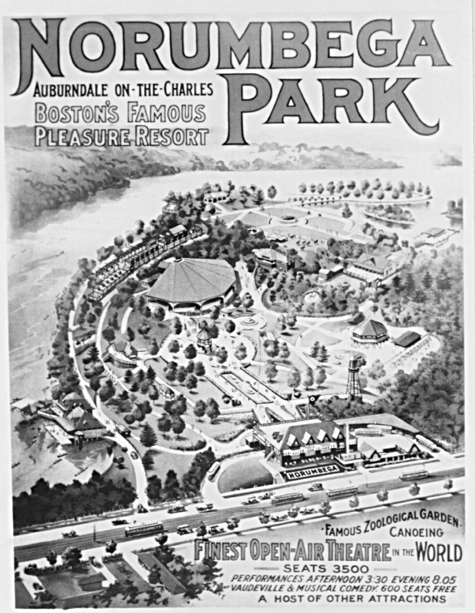 Poster advertising Norumbega Park with illustrated bird's-eye view of the park and the Charles River.