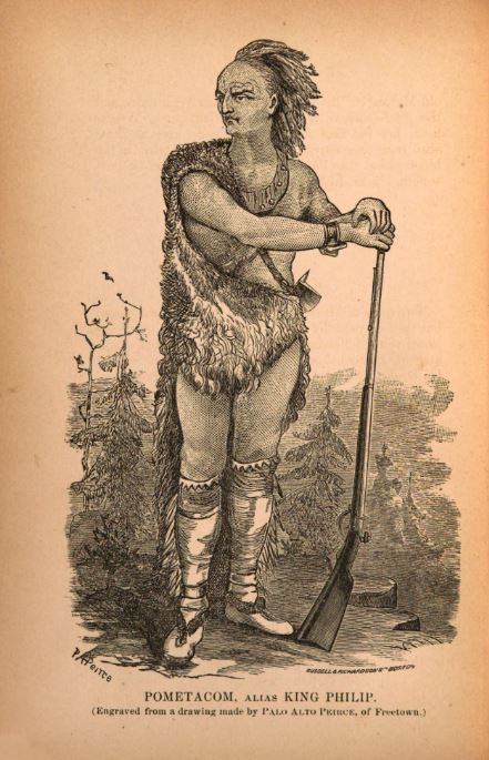 Conjectural engraved drawing of King Philip captioned: "Pometacon, alias King Philip. (Engraved from a drawing made by Palo Alto Peirce, of Freetown.)"