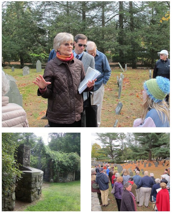 Three cemetery tour photos: one of Pam Fox leading a tour; one of a large stone-edged cemetery gate; and one of about 30 people viewing gravestones.