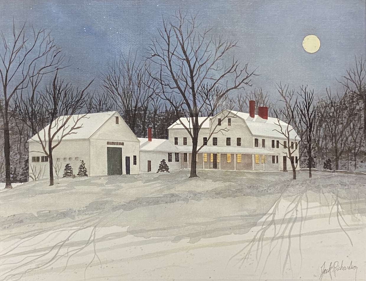 Watercolor by Jack Richardson of the Josiah Smith Tavern on a snowy night, illuminated by a full moon.