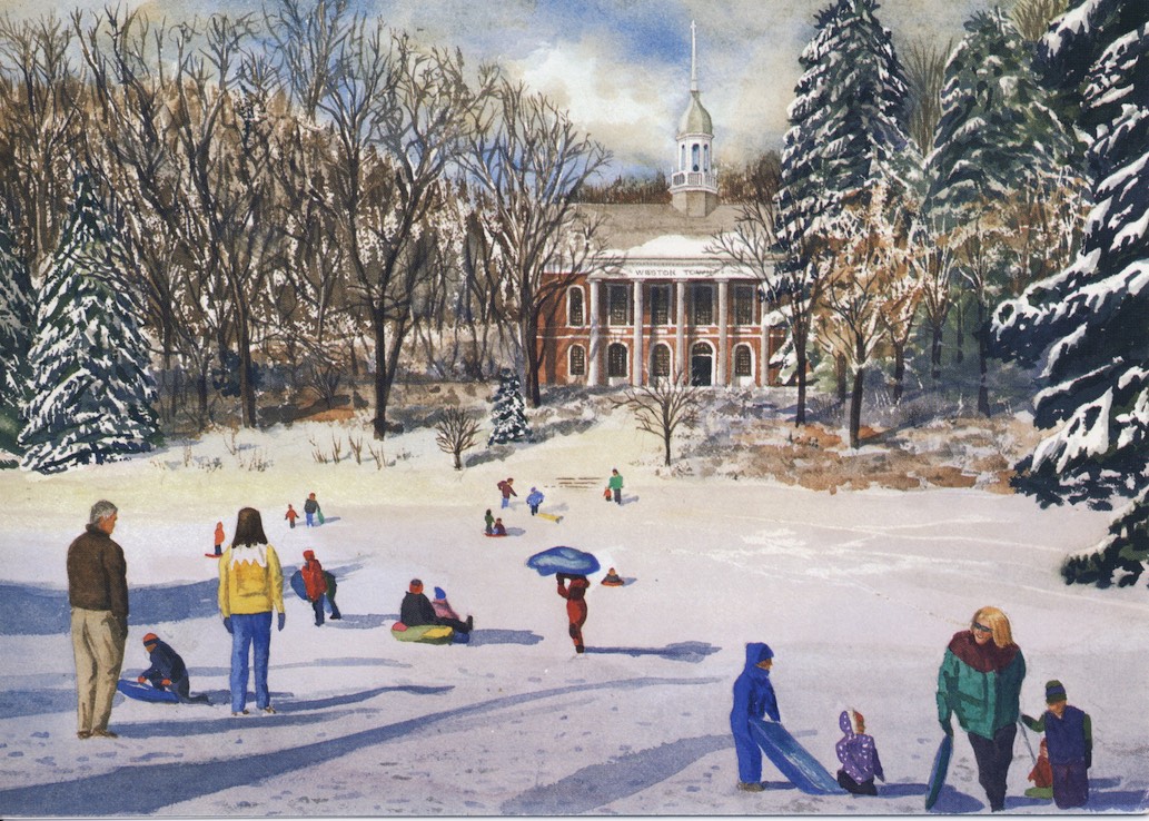 Sledding on the Town Green by Jack Richardson. Watercolor with viewpoint at south end of Weston town green, looking toward town hall, with kids and parents sledding on the slope in the foreground.