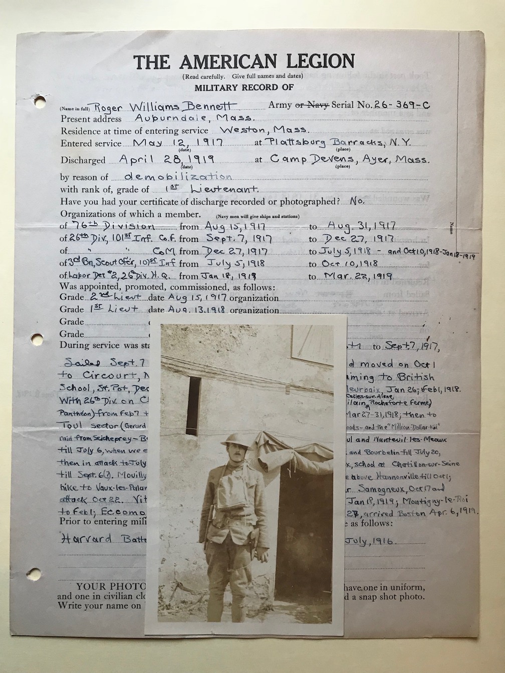 World War 1 service records at Digital Commonwealth. Shown is Roger Bennett's World War 1 American Legion record and photograph.