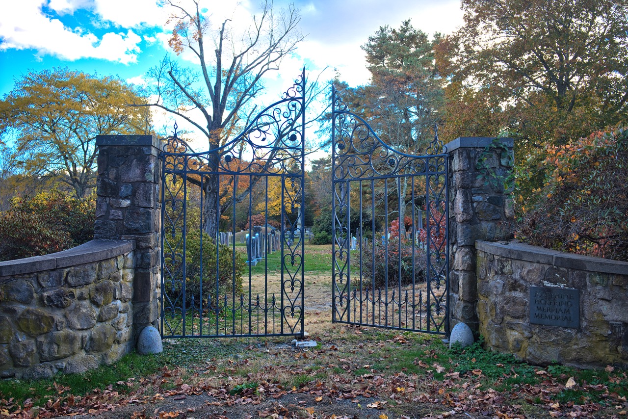 Looking into Central Cemetery through the Merriam Gate's open doors.