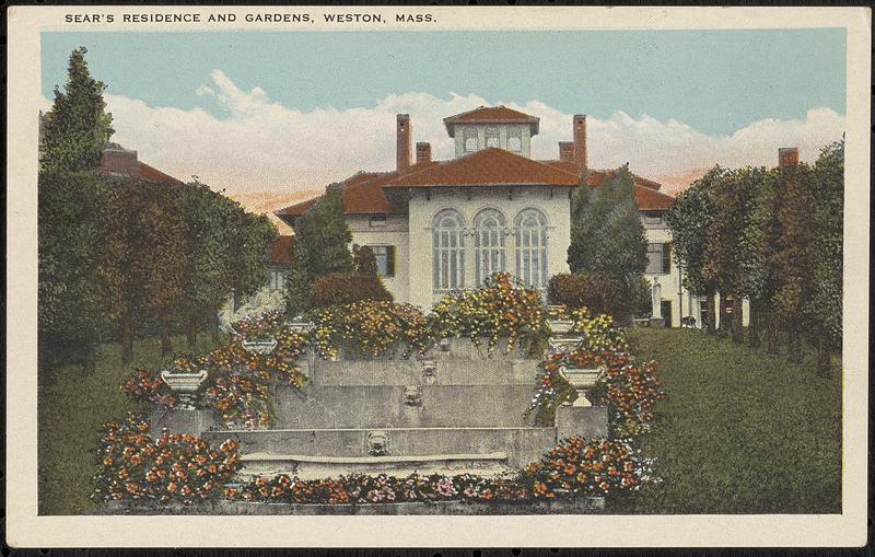 Painted-color postcard of Haleiwa house and cascading terraces labeled "Sear's Residence and Gardens, Weston, Mass."